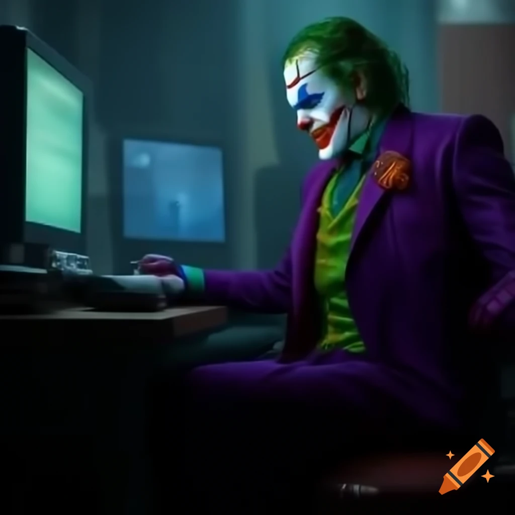 Joker character typing comment on horror video at computer