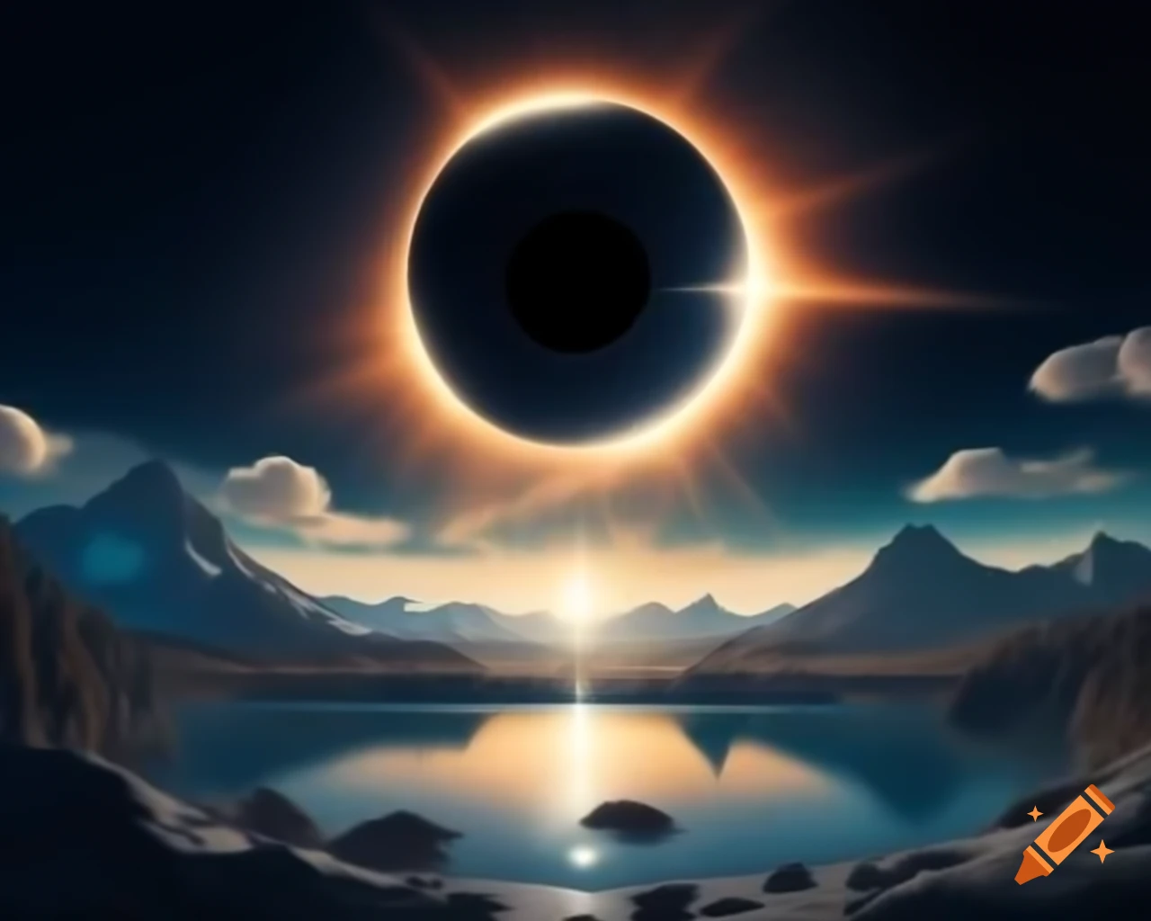 3D representation of mountain lake at sunset with sun rays and island