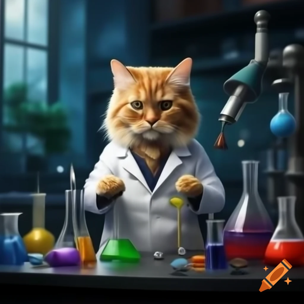 Cat in laboratory coat conducting experiments in ultra-realistic modern lab