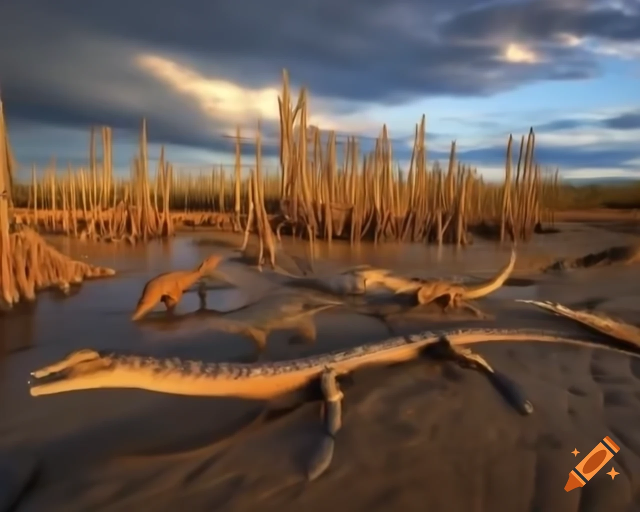 Cinnamon-colored and grey striped Iguanodon-dinosaurs crossing mudflat with driftwood in British Columbia