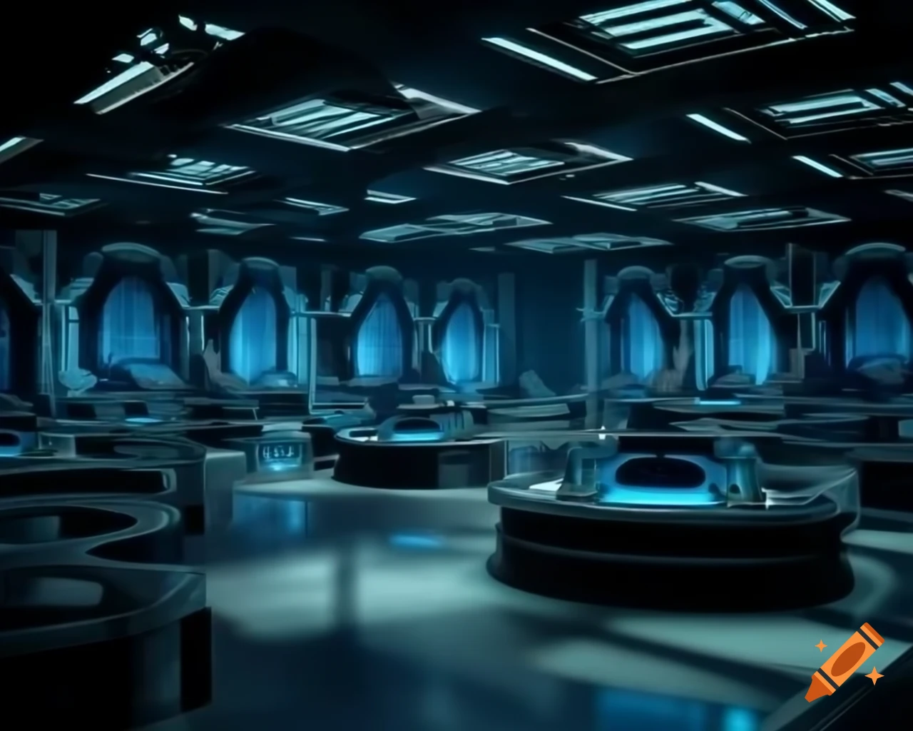 Futuristic science laboratory with overhead monitors, dimly lit in blue and purple