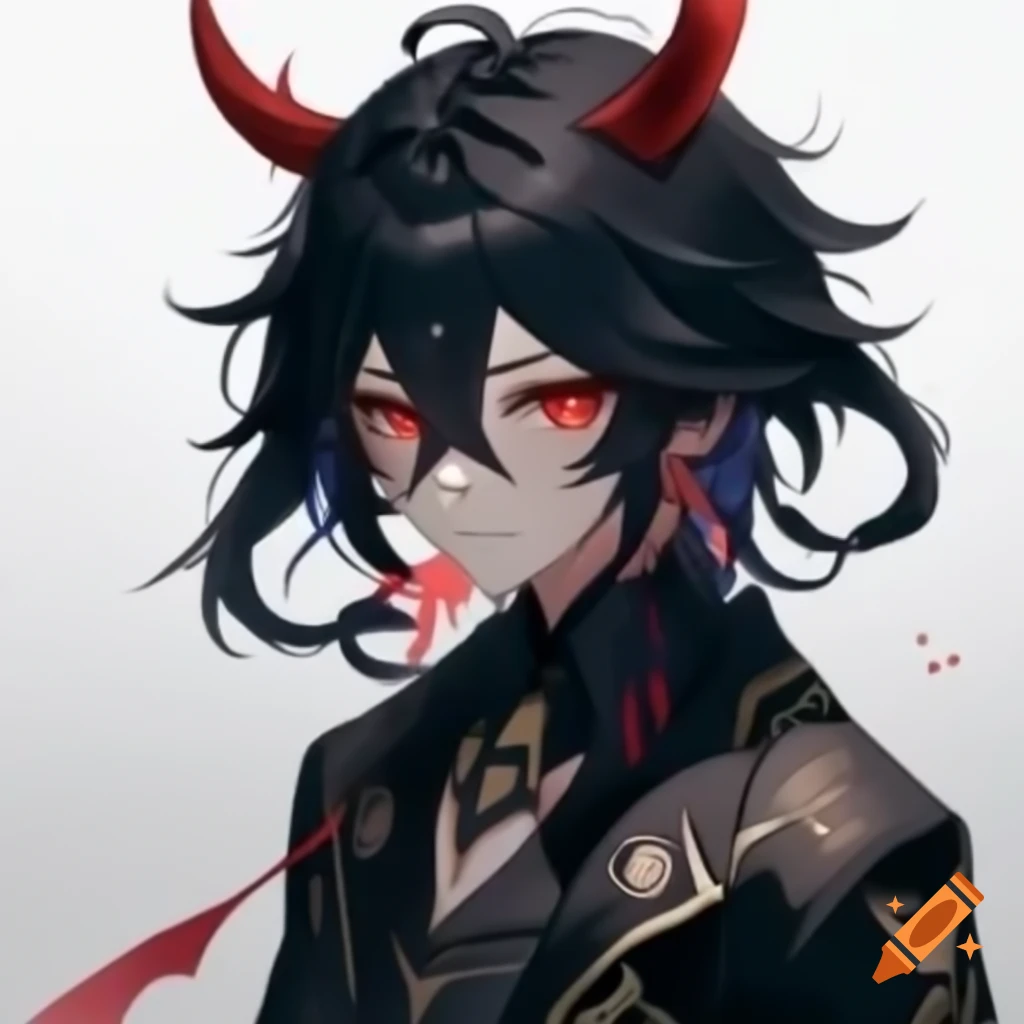 Adoptable anime demon character with long black messy hair in Genshin Impact style