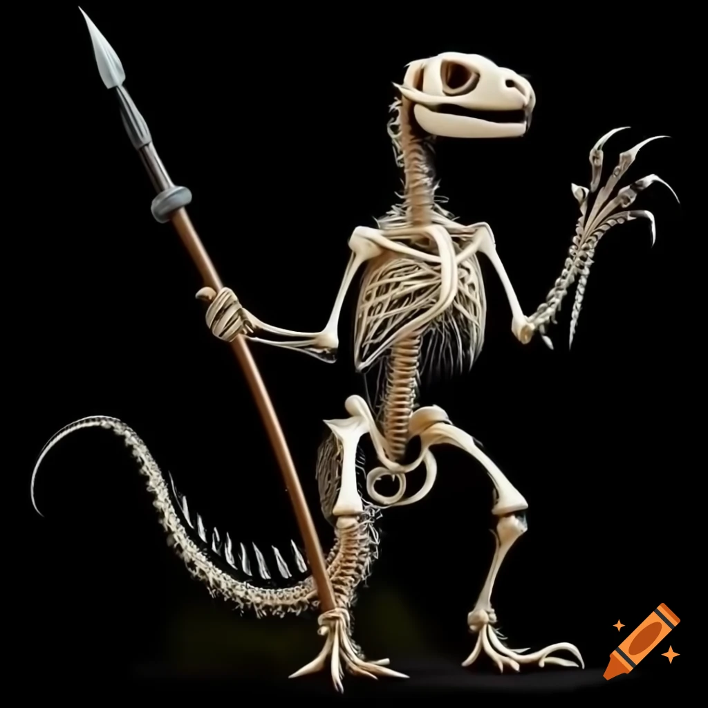 Raptor skeleton holding a spear
