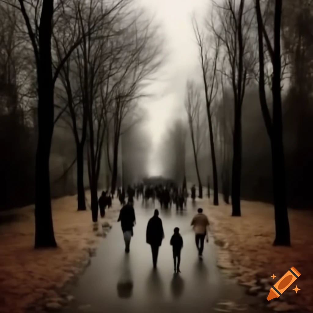 People walking in autumn foliage with ghost apparition