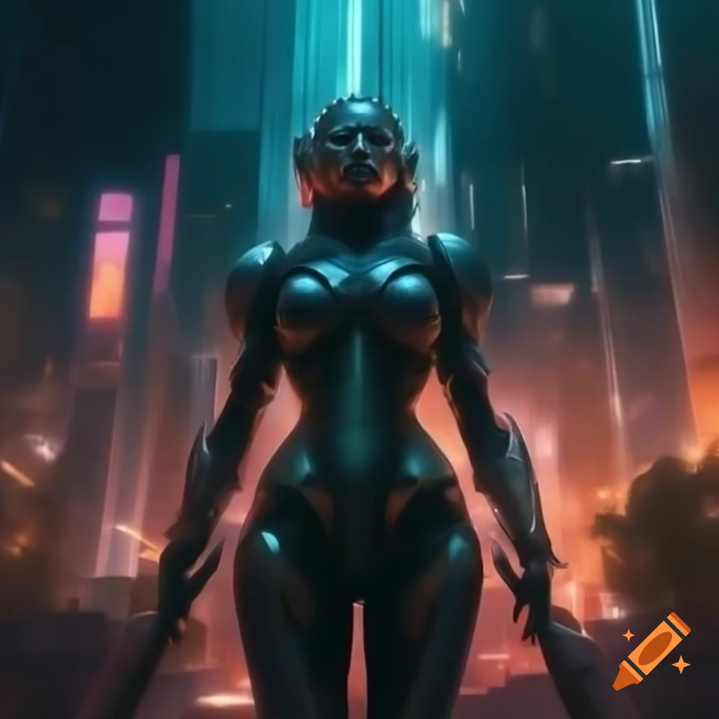 Futuristic warrior in cyborg armor in neon cityscape