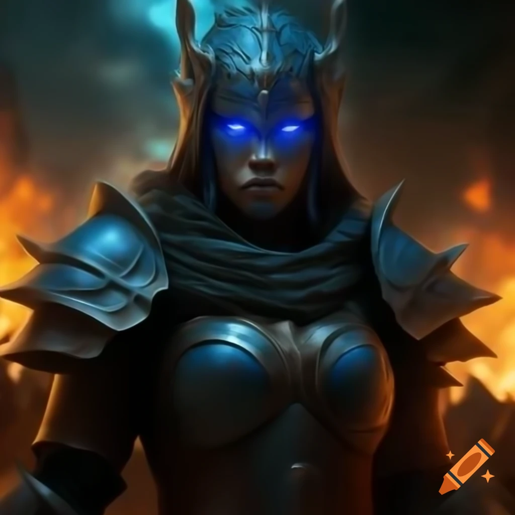 Bioluminescent warrior in cobalt armor firing lasers on fantasy battlefield