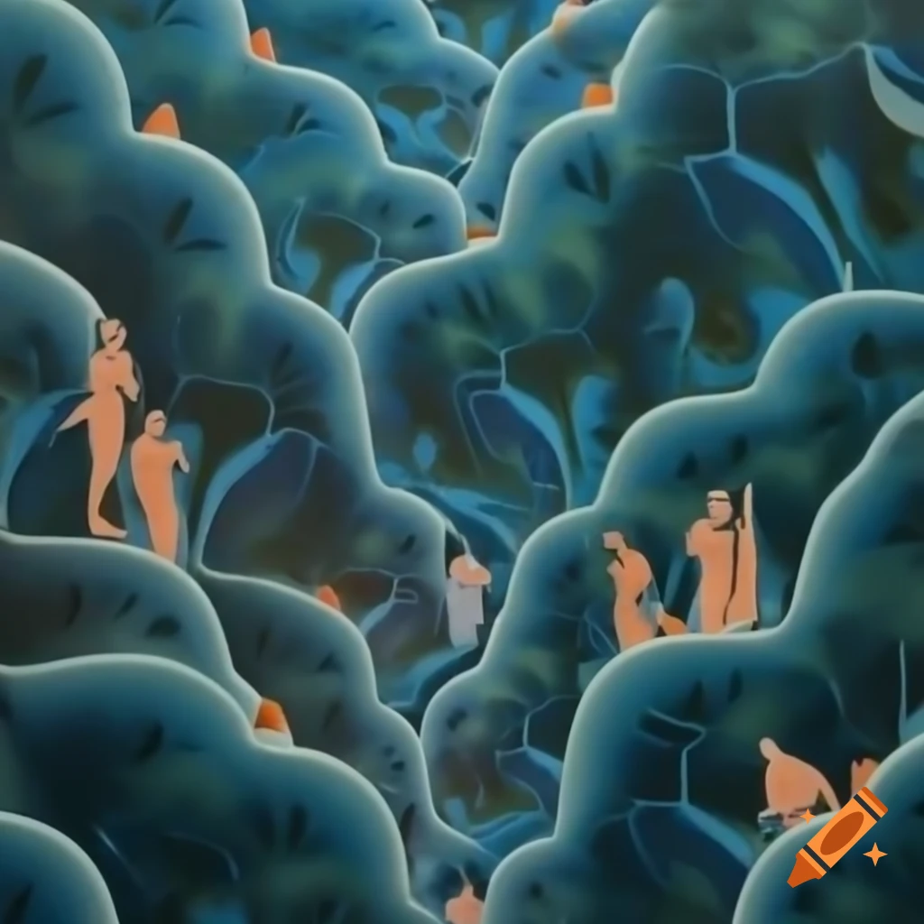 Surrealist nature landscape with people, detailed fractal patterns and bright colors