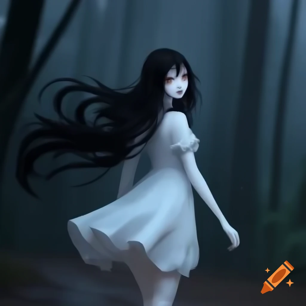 Goth anime ghost girl with flowing black hair in white dress on rainy forest roadway