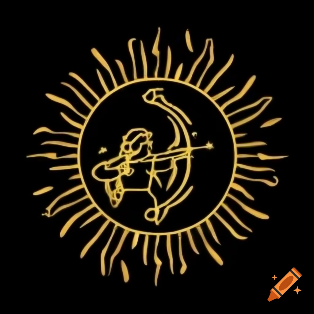 Gold outline of pagan woman archery with sun rays on black background