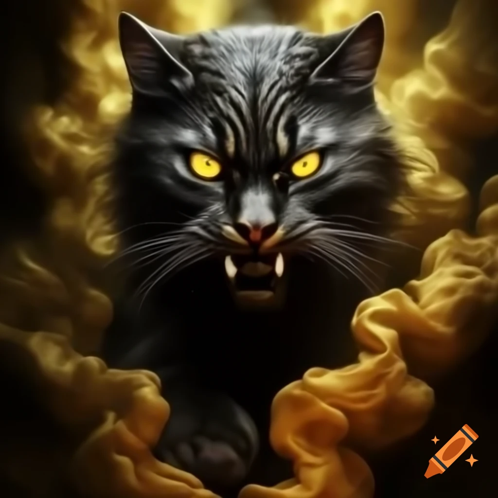Shadowy feline visage in gold mist with angry gleaming eyes