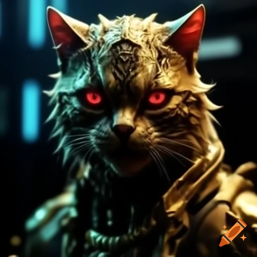 Sinister gold glowing cat deity with red eyes in cyberpunk setting
