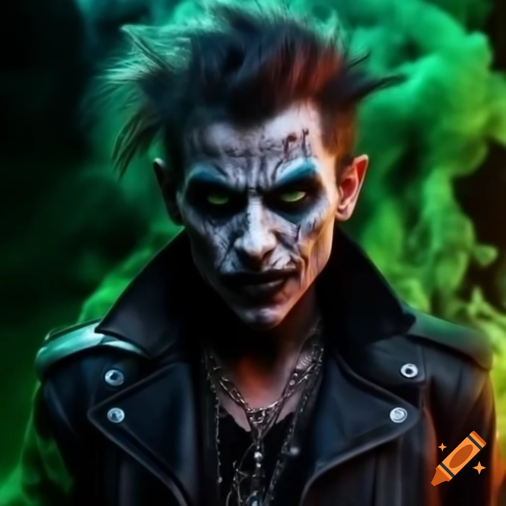 Psychedelic punk rock vampire with messy hair and face piercings against green smoke backdrop