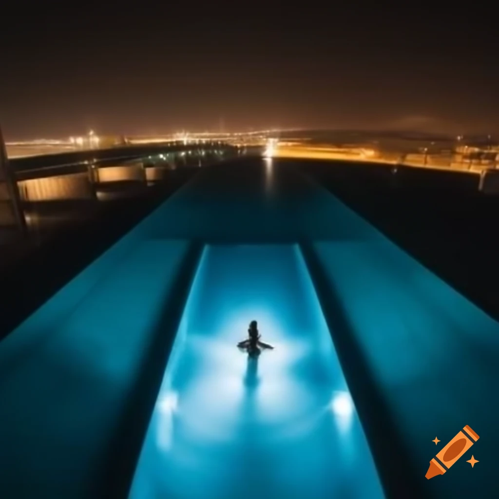Lone figure swimming in illuminated rooftop pool with Manama cityscape at night