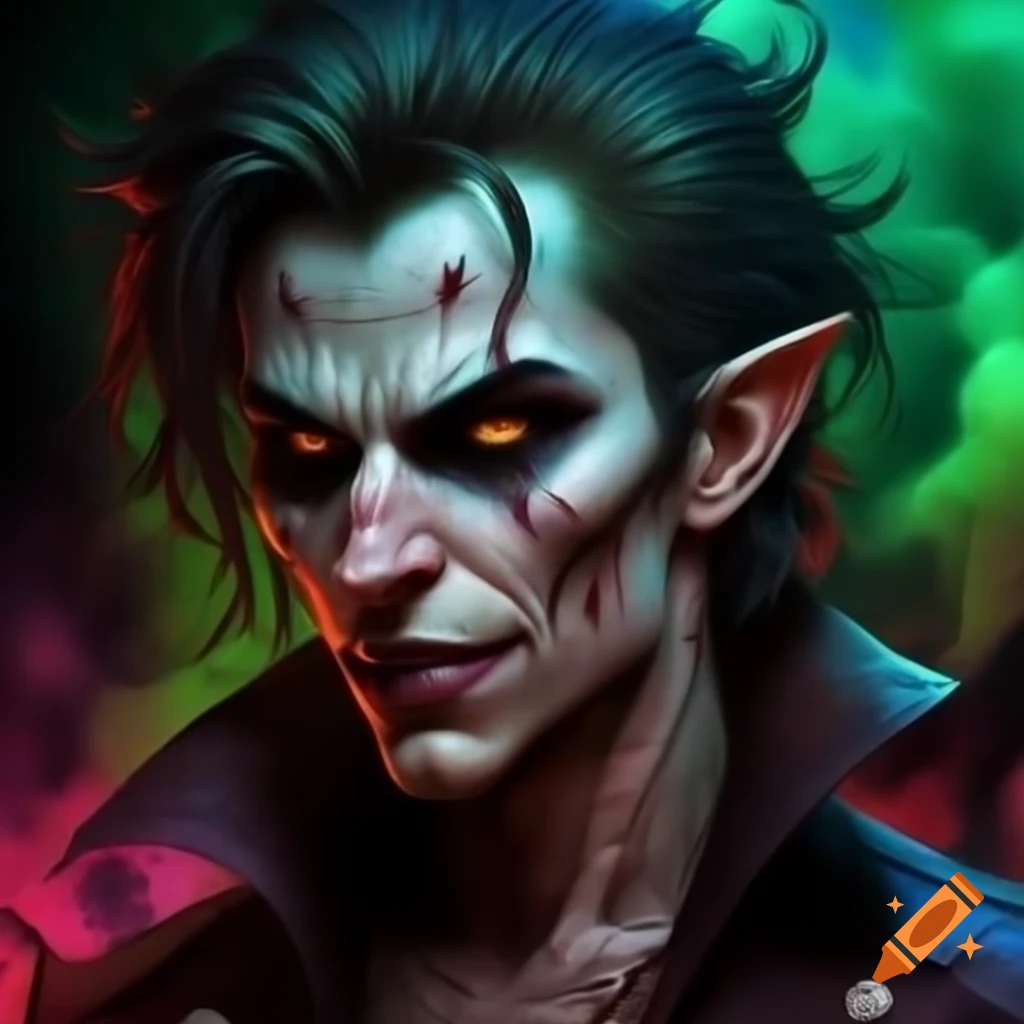 Psychedelic vampire with piercings and green smoke background, realistic style