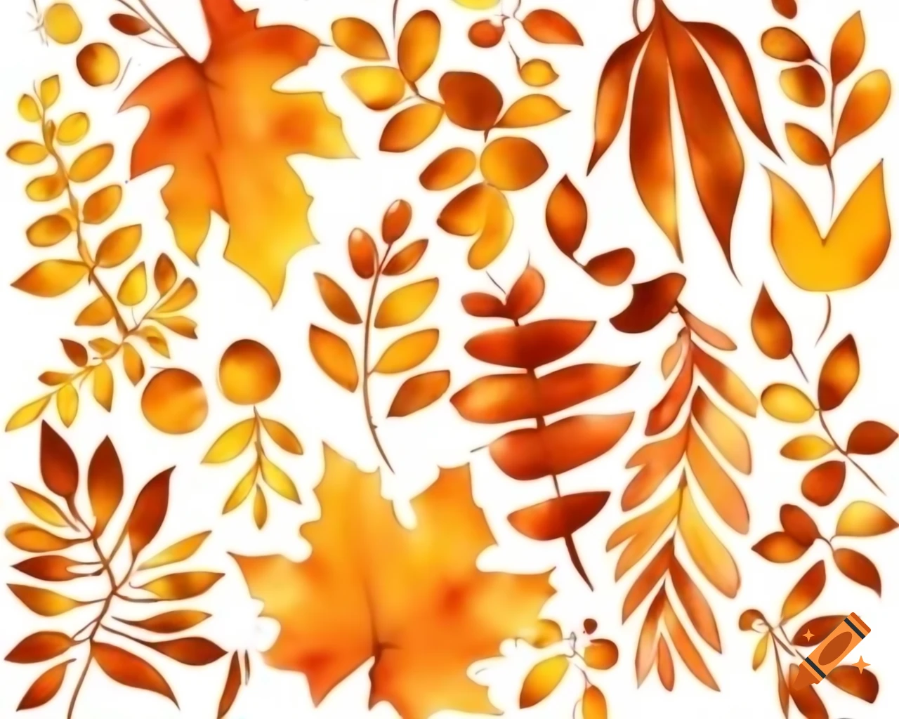 Colorful autumn leaves in watercolor shades of amber, orange, gold, bronze, and rust