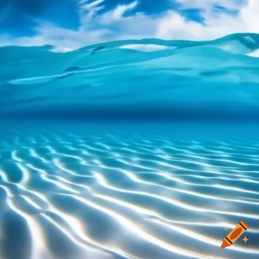 Underwater scene showing ocean surface above sandy seabed