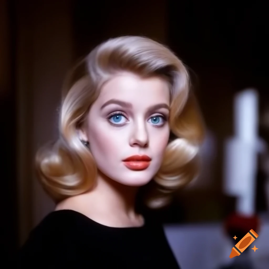 Hyper-realistic photograph of a European actress from 1963 with porcelain skin and blue eyes