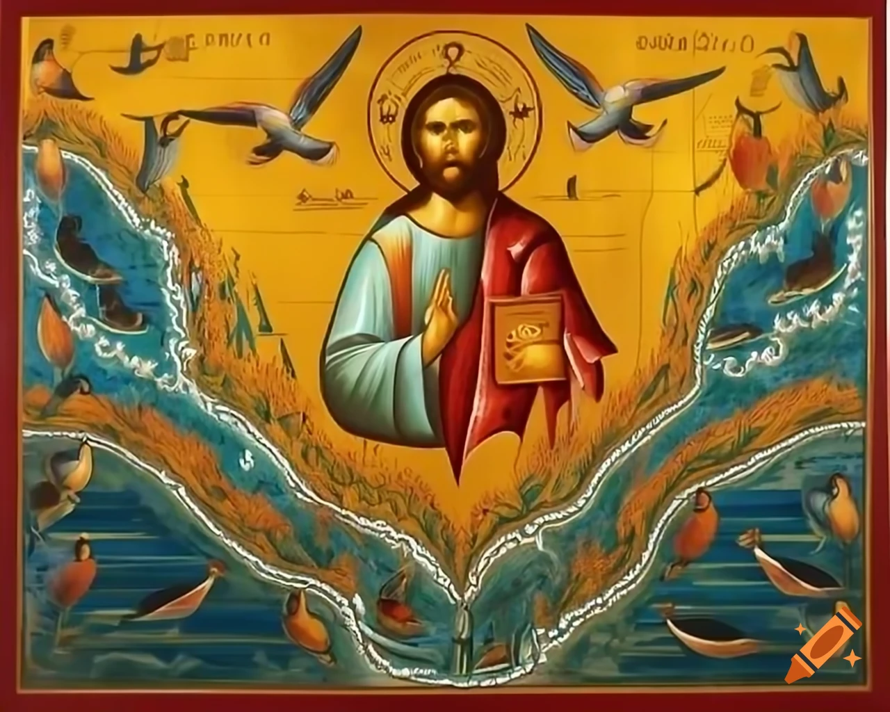 Byzantine mosaic of Jesus surrounded by birds and water by Svetoslav Roerich