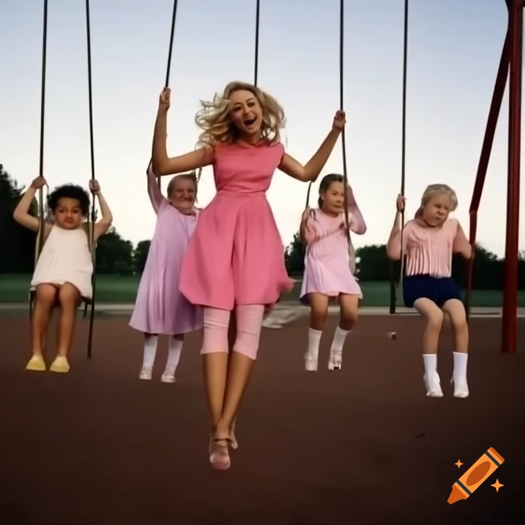 Woman in pink dress swinging joyfully at playground with children