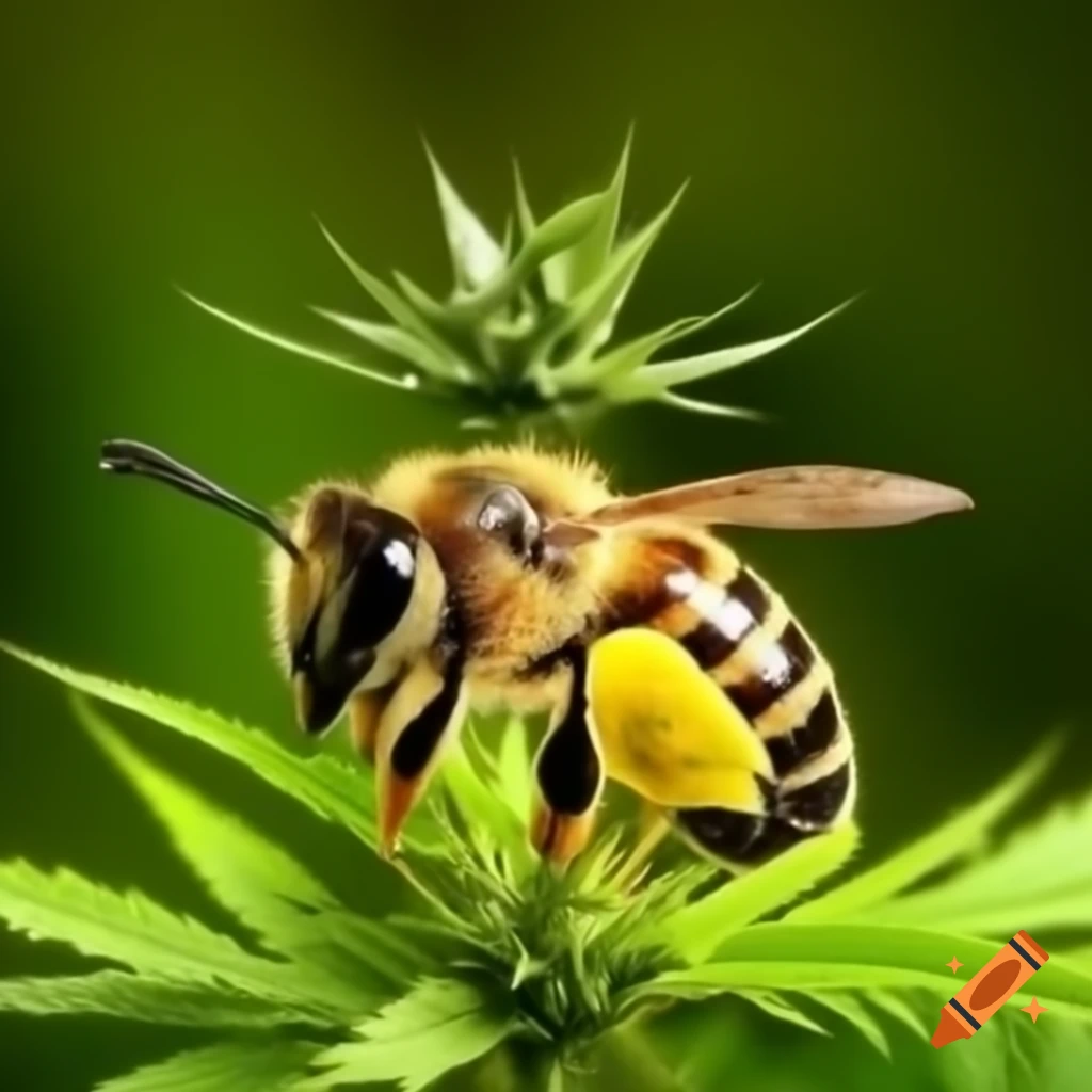 Bee wearing a crown made of cannabis leaves