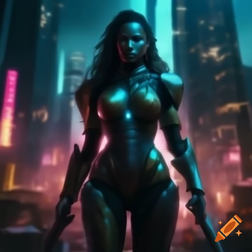Futuristic warrior in cyborg armor in neon cityscape