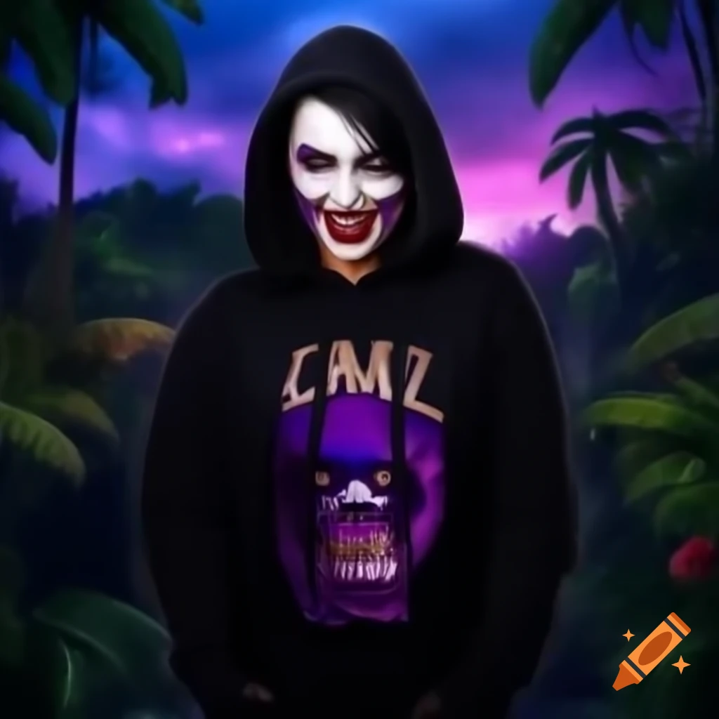 Female wrestler in black hoodie with sinister grin in tropical rainforest under dark purple sky