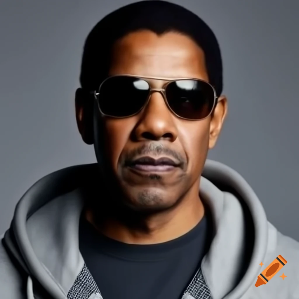 Denzel Washington in sunglasses and grey hoodie against grey background