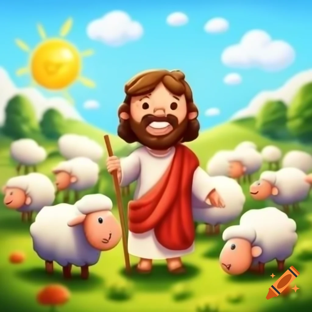 Cheerful shepherd with cartoon sheep in sunny pasture, symbolizing Good Shepherd