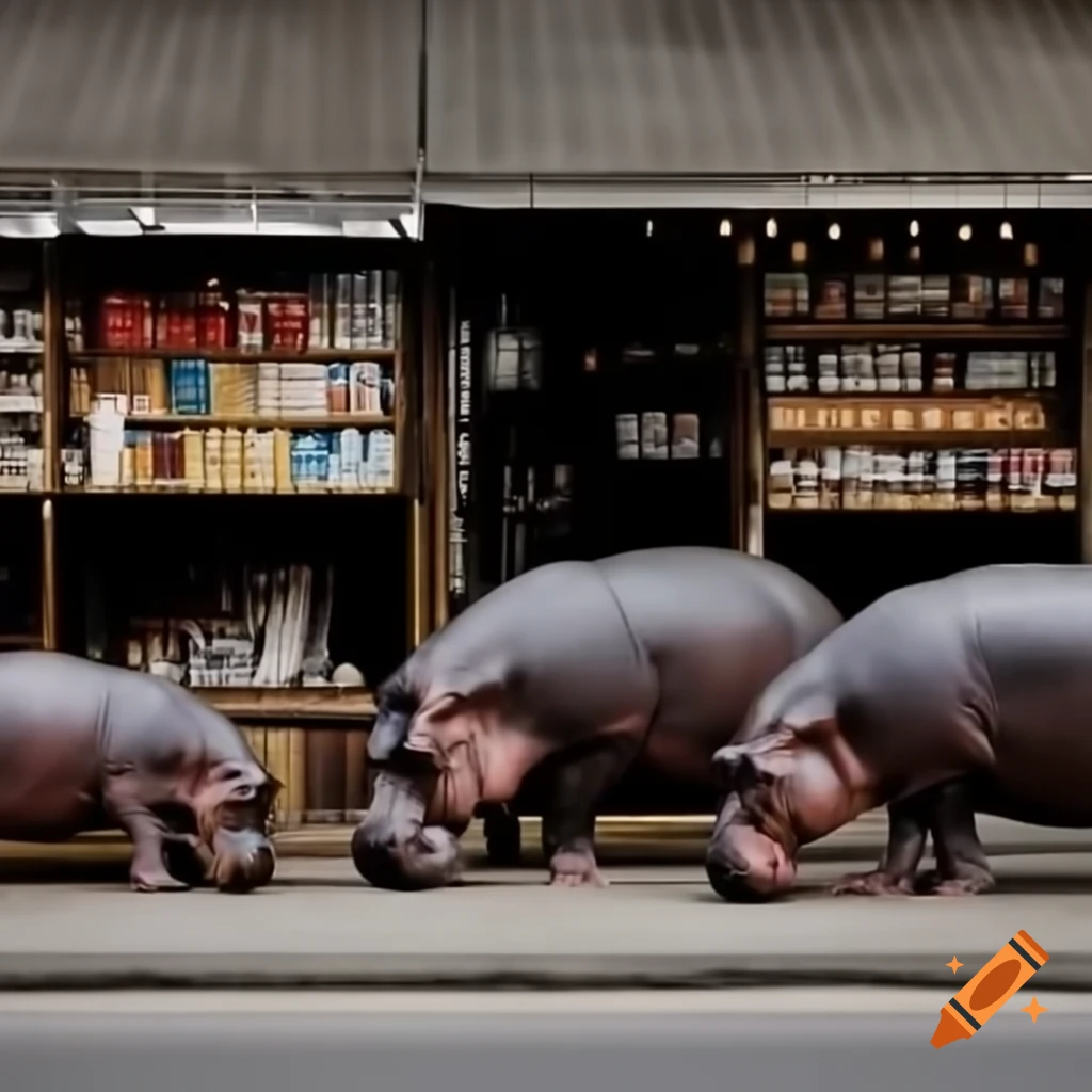 Hippos in an urban setting with drugstores