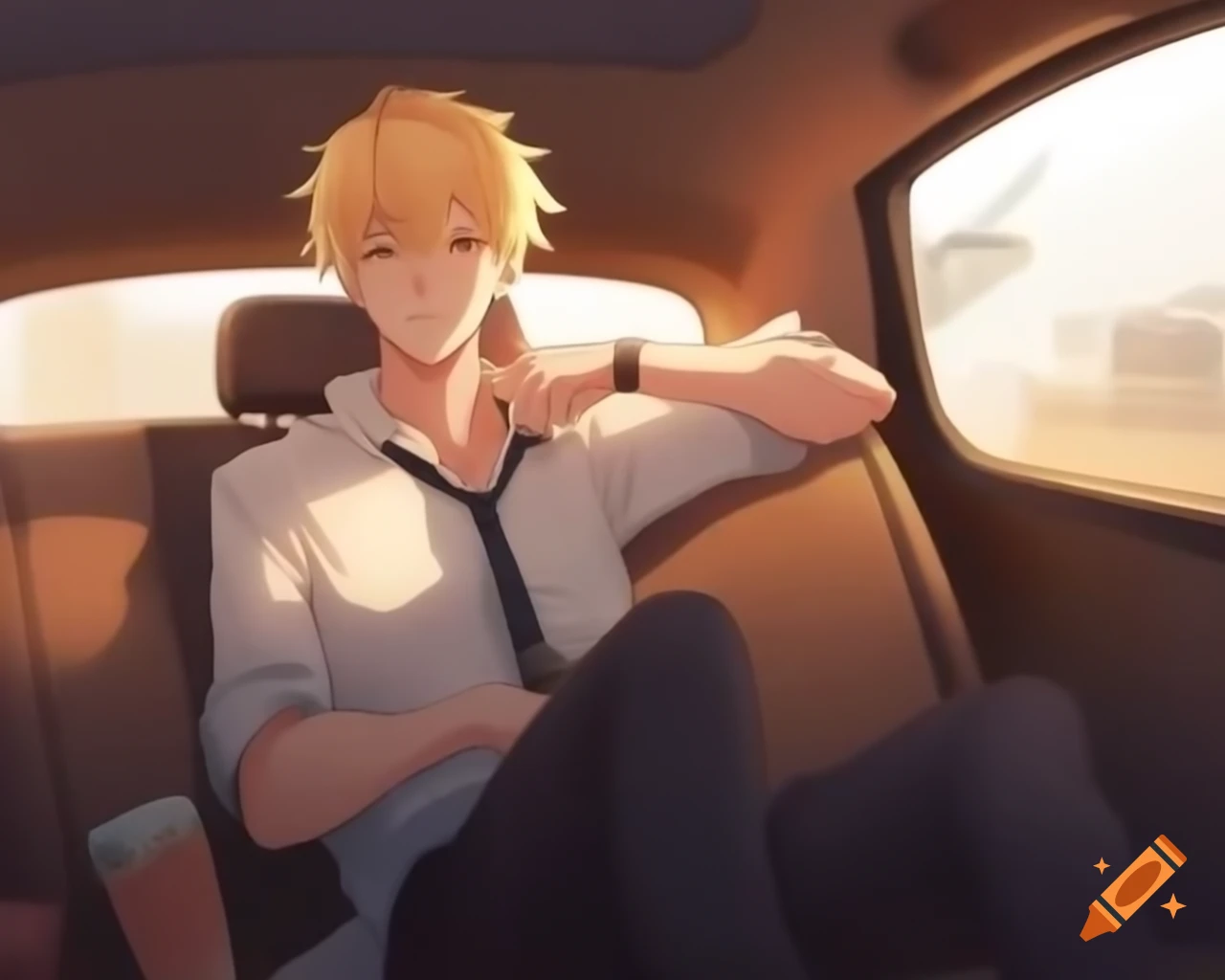 Charming anime man with blond hair seated in back of a car