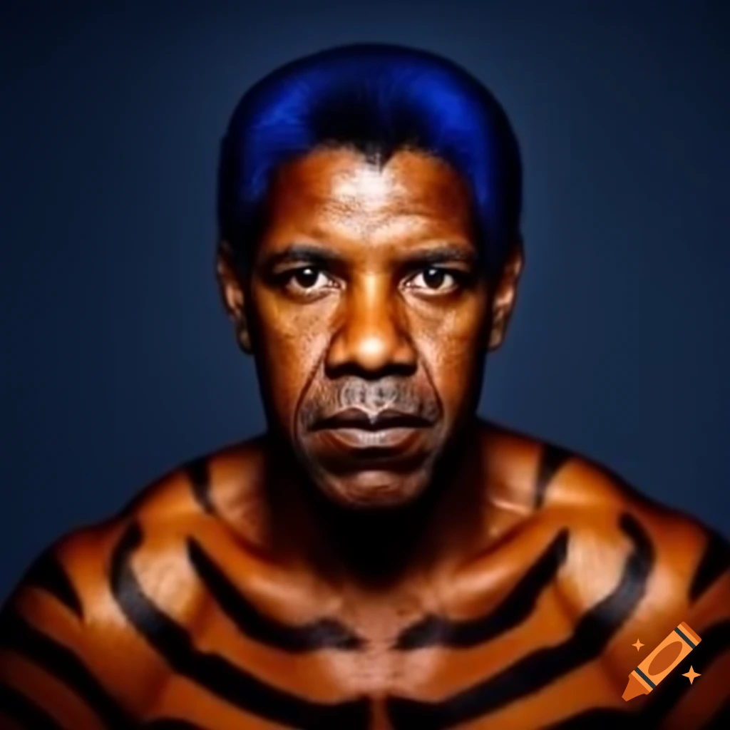 Muscular man resembling Denzel Washington with tiger-style makeup and colorful features