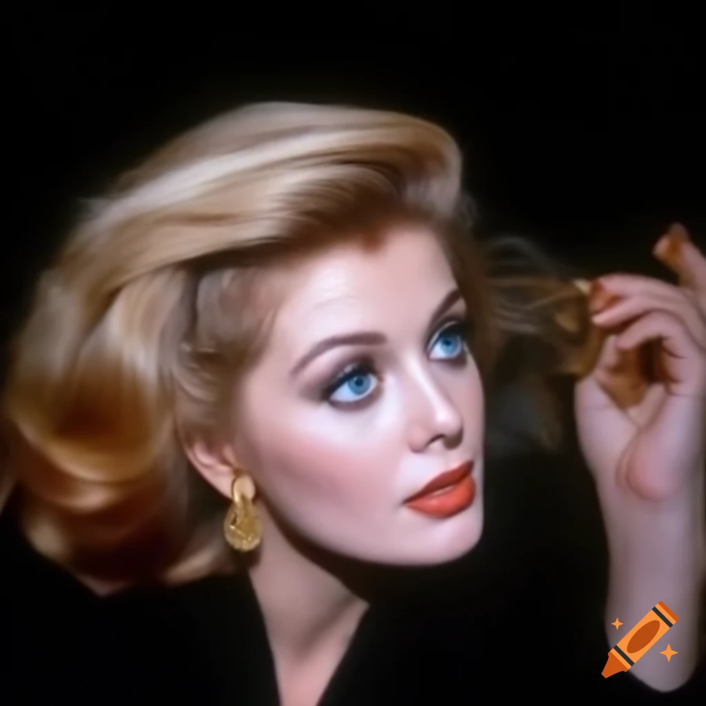 Hyper-realistic portrait of European actress from 1963 with porcelain skin and blue eyes
