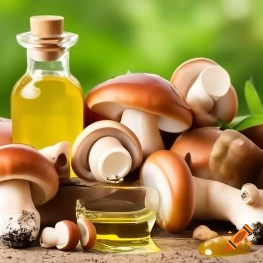 Organic healthy products including mushrooms, oil, and facepack