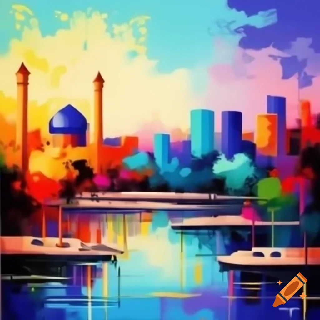 Abstract watercolor painting of Shiraz city skyline