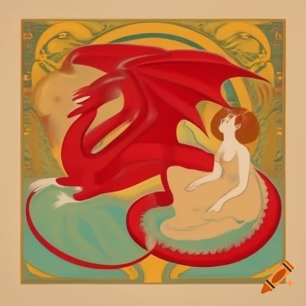 Art nouveau illustration of The Great Red Dragon and the Woman Clothed with Sun by various artists