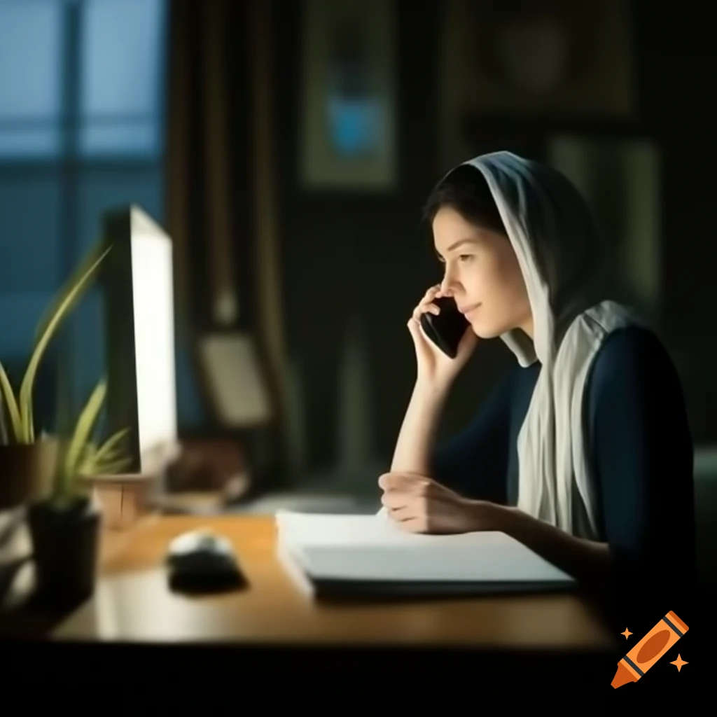 Veiled woman talking on phone with magazine and laptop on desk