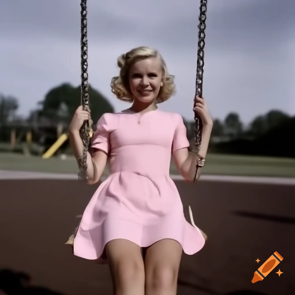 Tall woman in short pink dress swinging joyfully on playground