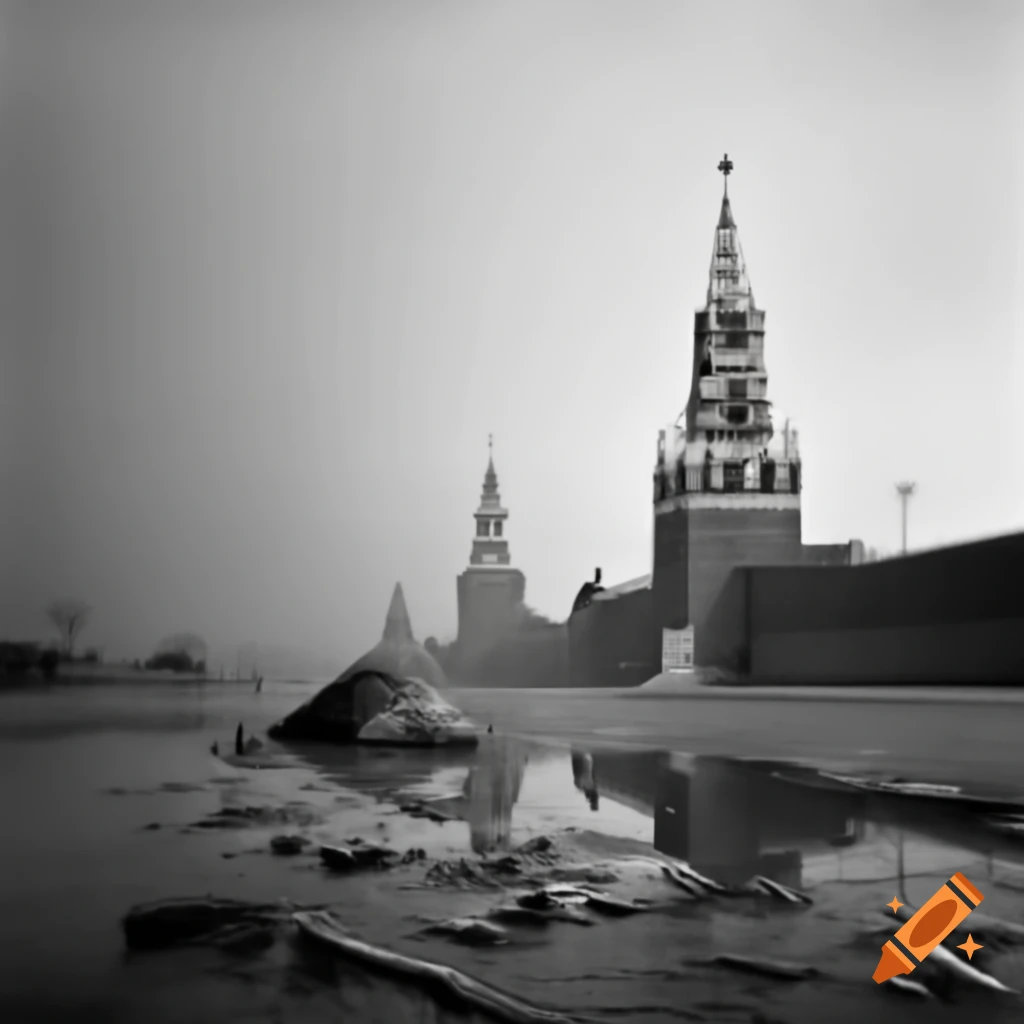 Spasskaya Tower in a state of disrepair, broken in two