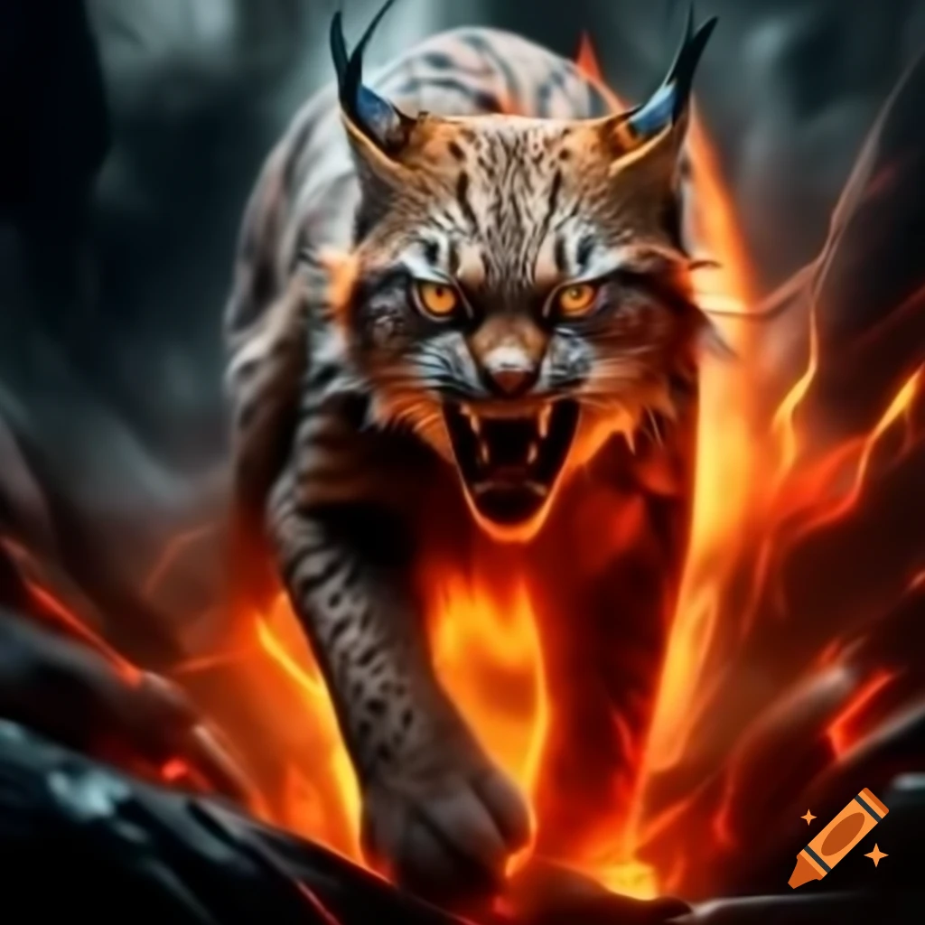 Lynx emerging from gold mist with fiery red gaze
