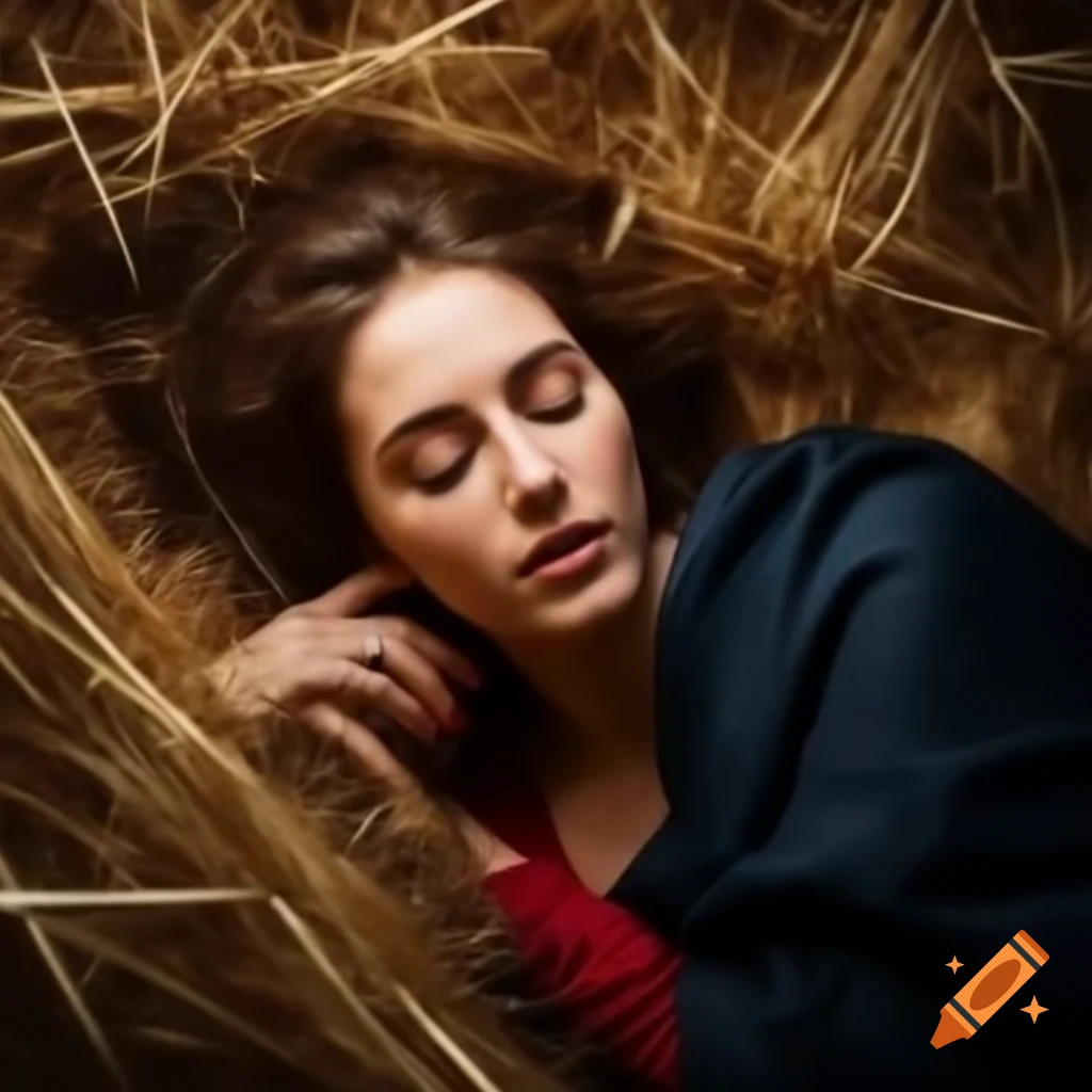 Virgin Mary reclining on straw with eyes closed, expressing satisfaction and delight