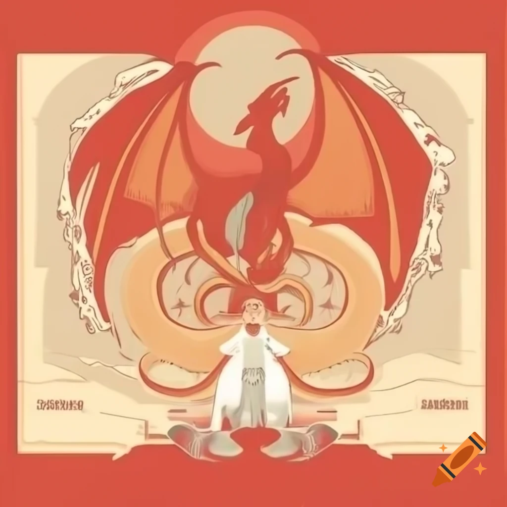Art nouveau illustration of 'The Great Red Dragon and the Woman Clothed with Sun' with clean bold lines