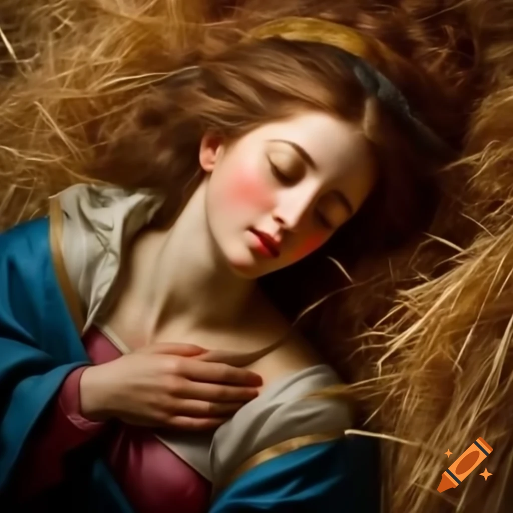 Virgin Mary relaxing on straw with a satisfied expression in a breezy setting
