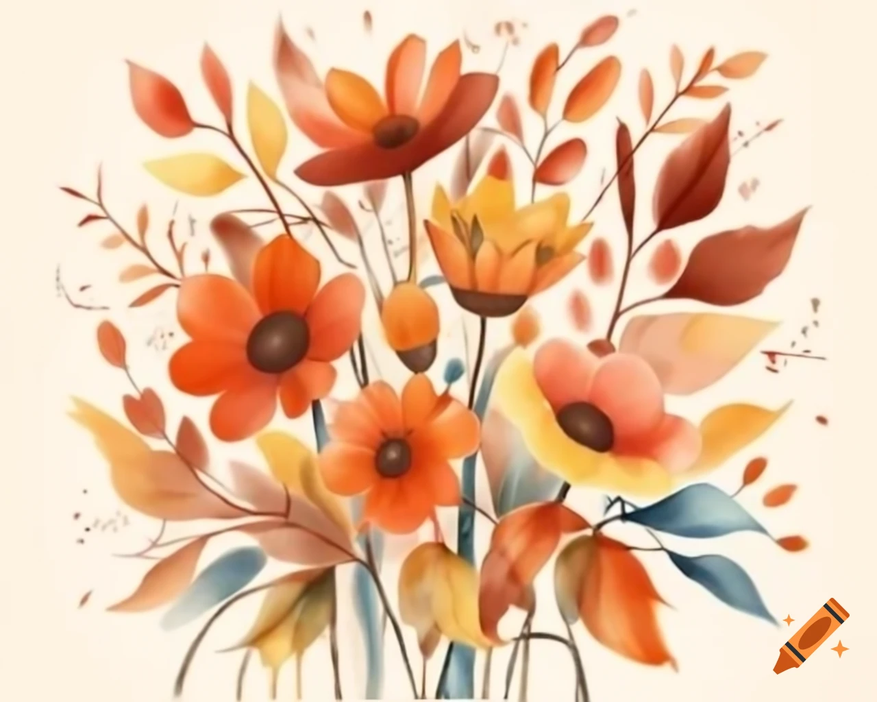 Colorful autumn flowers in watercolor shades of orange, bronze, and rust