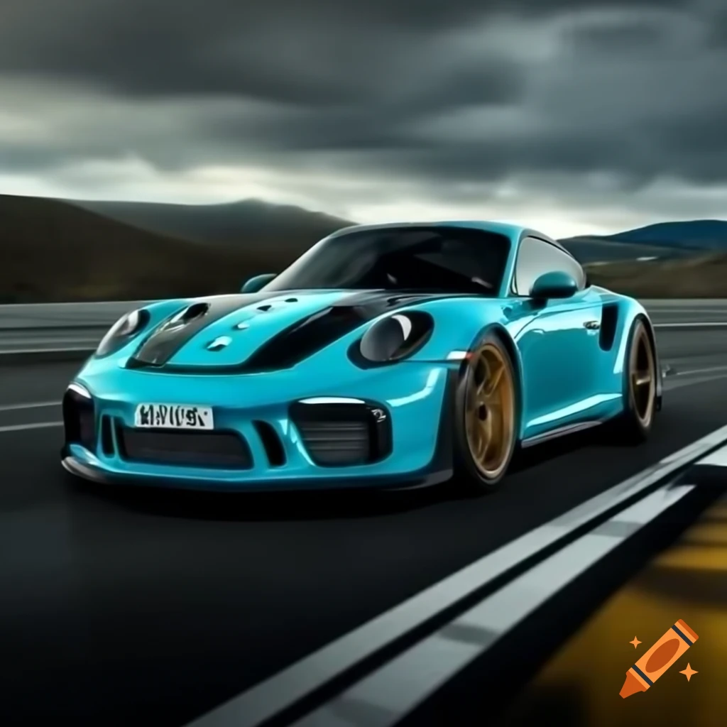 Front view of turquoise Porsche GT4 RS showcasing carbon details and prominent logo