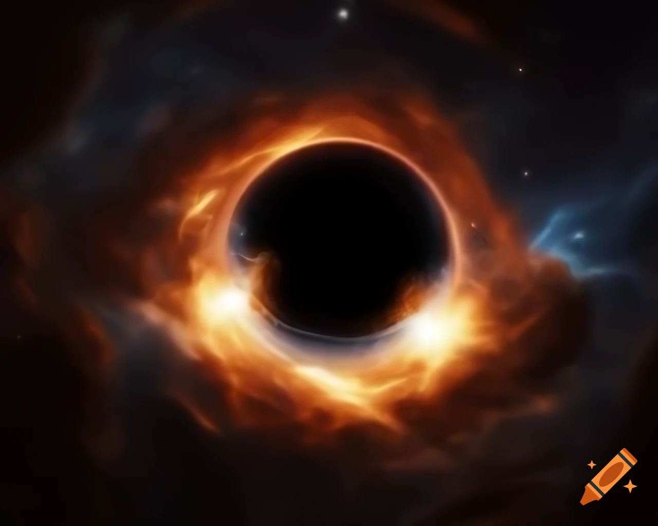 Realistic black hole in star-filled space with artistic lens flare
