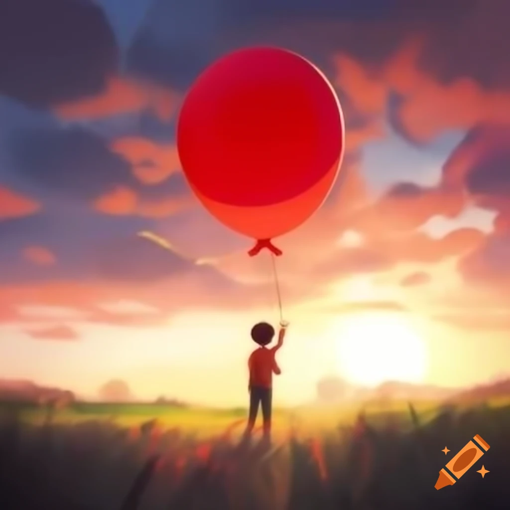 Child joyfully flying with a bright red balloon