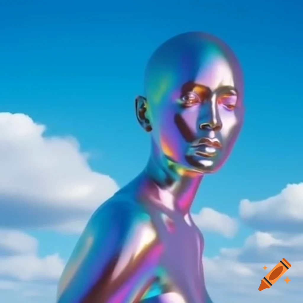 Iridescent statue against a bright sky in pop surreal 2000's style