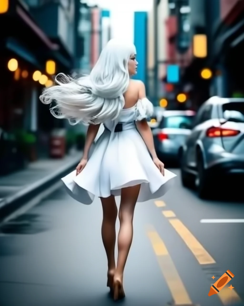 Anime realistic woman with white hair in sundress walking on street