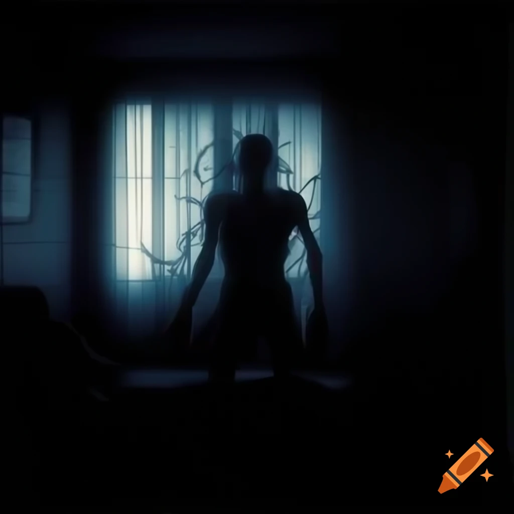 Shadow monster silhouette in living room at night, photorealistic