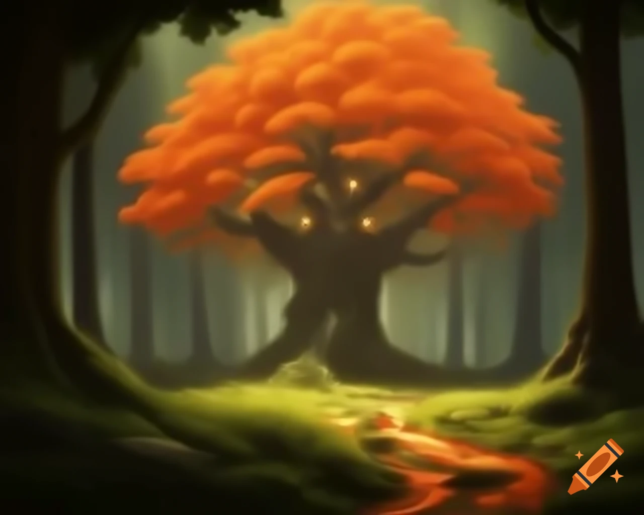 Realistic digital art of an orange tree monster in warm colors